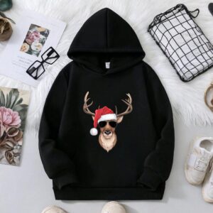Cool Reindeer with Santa Hat and Christmas Hoodie